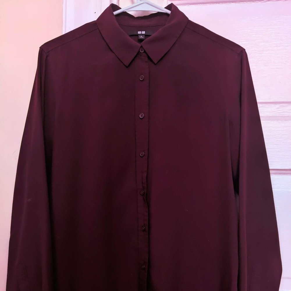 Uniqlo Women Rayon Long-Sleeve Blouse - Maroon